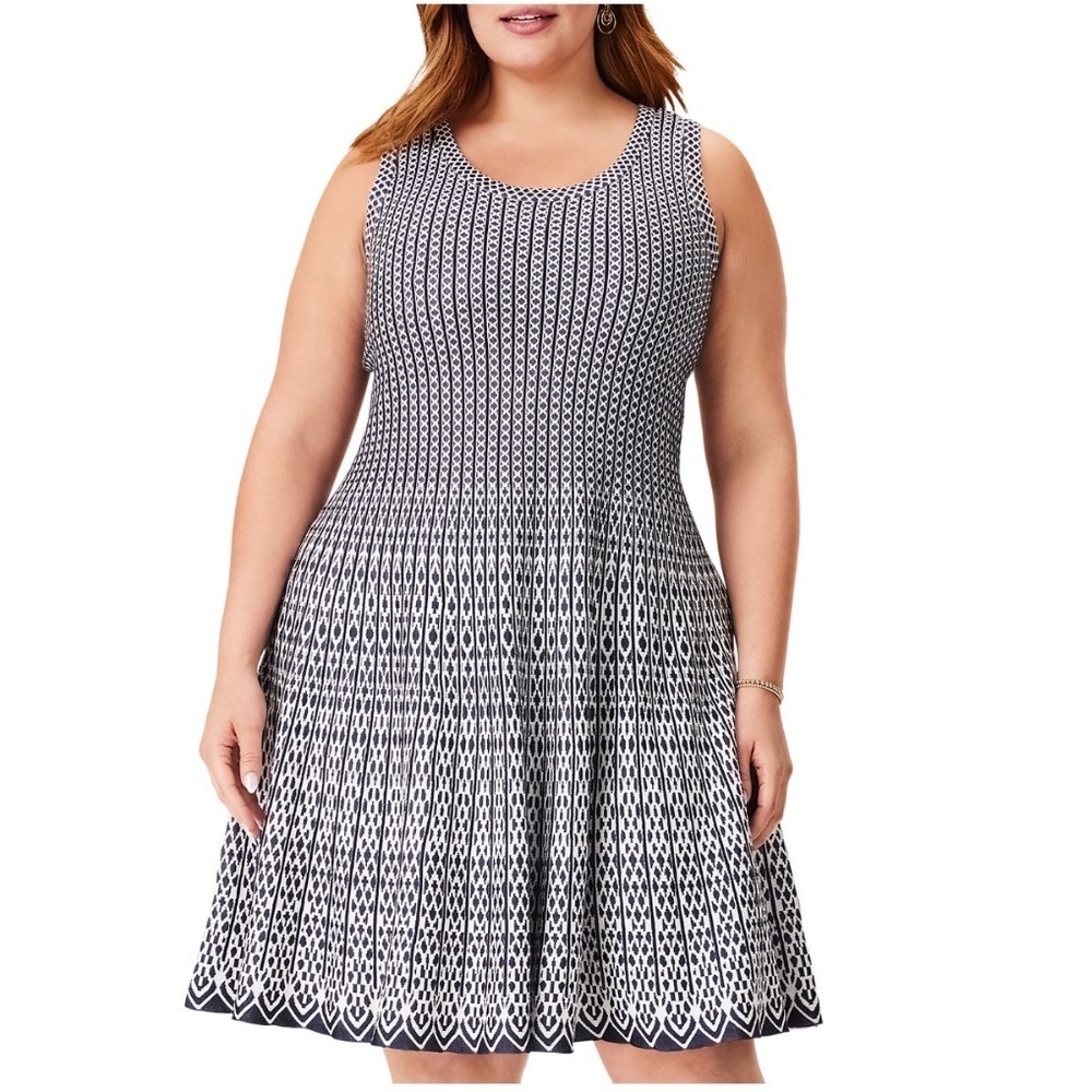 NIC+ZOE Plus Size 3X Heritage Twirl Dress Indigo‎ Multi Jacquard Knit S241241W